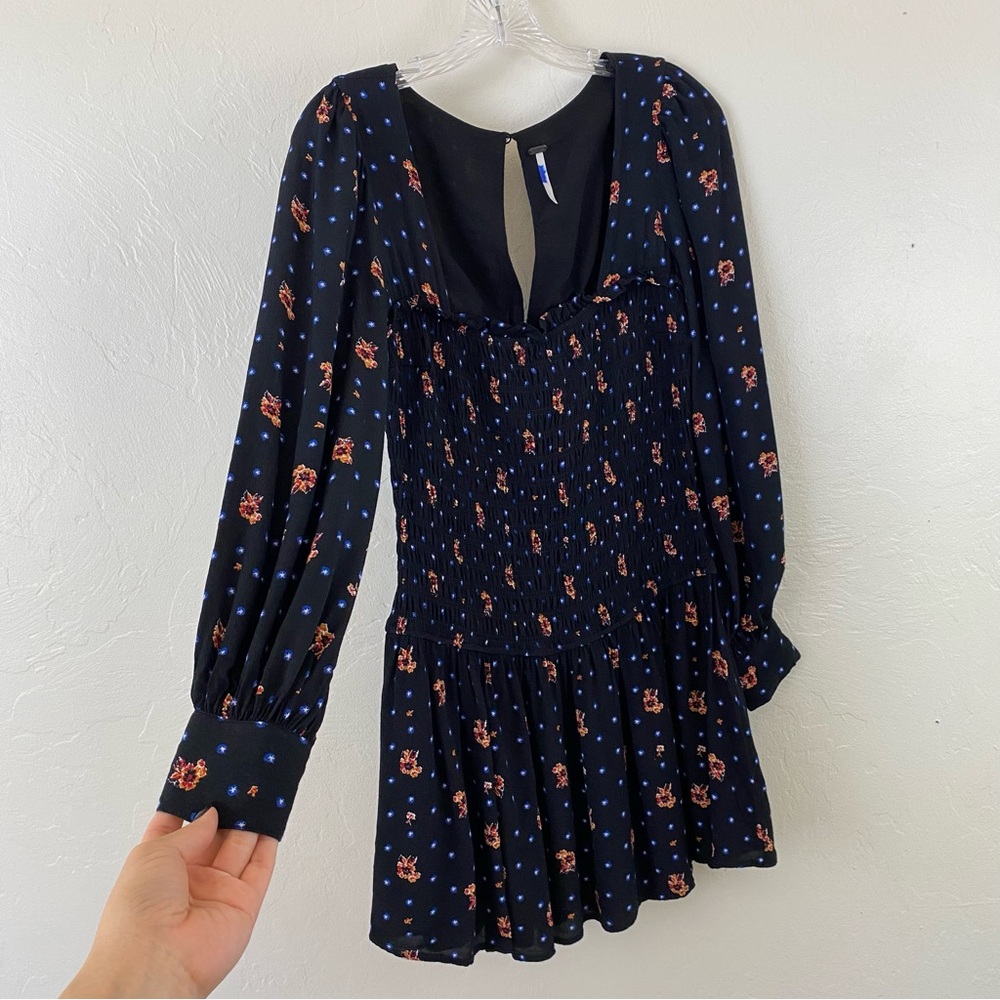 Free People XS Black Floral Ruffled Full Sleeve Cinched Waist Mini Tunic Dress
